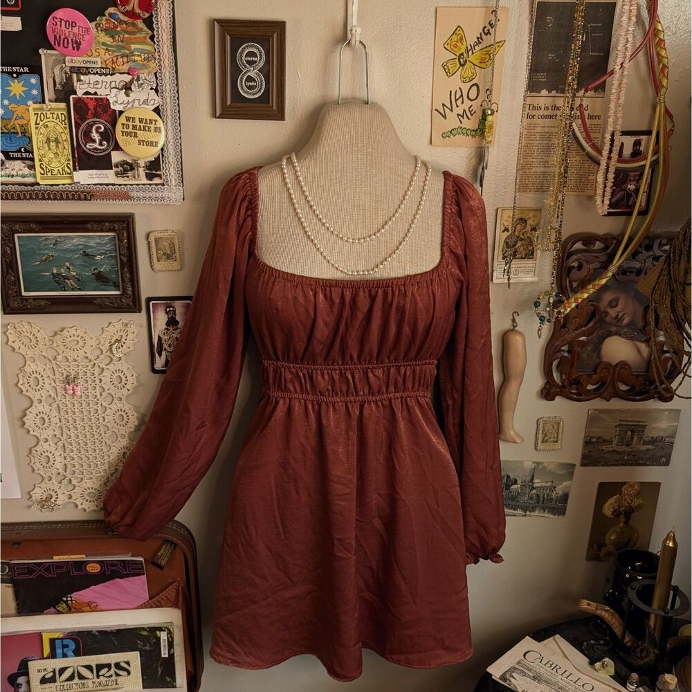 Satin Balloon Sleeve Mini Dress Women's Small Burnt Orange